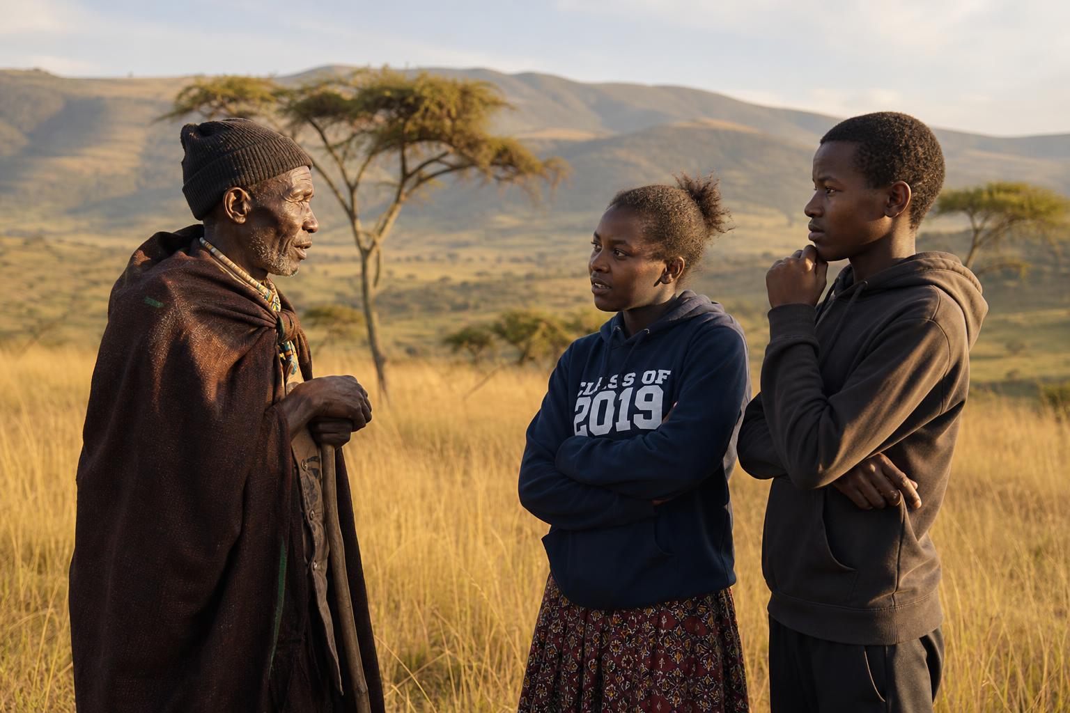 A Kenyan cultural elder sharing knowledge with two young people on the highland savanna at golden hour